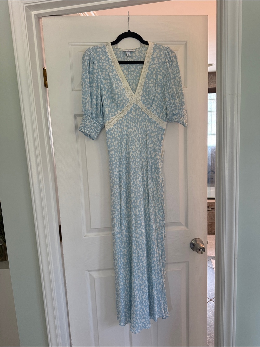 RIXO Light Blue Floral V-Neck Maxi Dress with Lace Trim